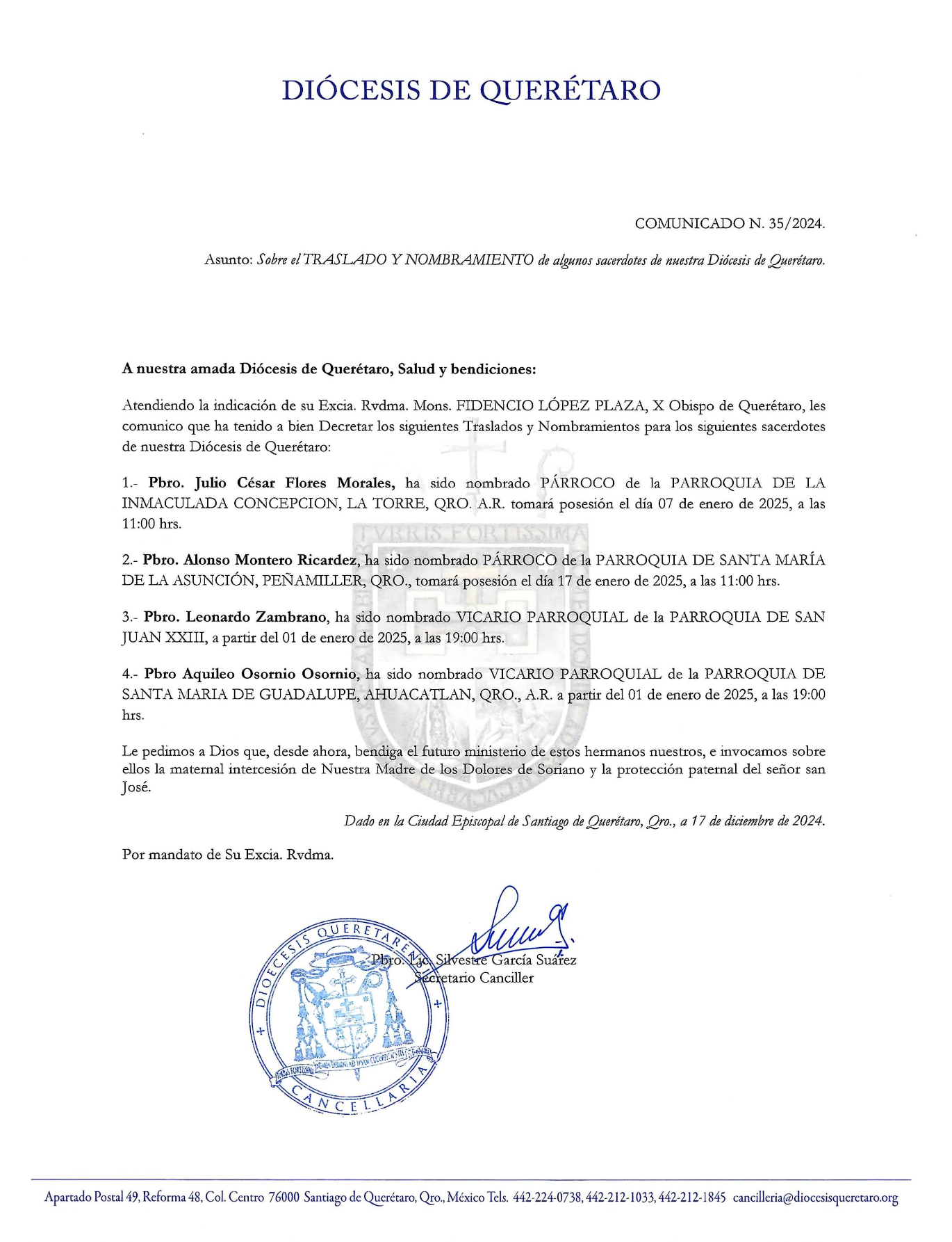 COMUNICADO N. 35/2024. Asunto: Sobre el TRASLADO Y NOMBRAMIENTO de algunos sacerdotes de nuestra Diócesis de Querétaro.